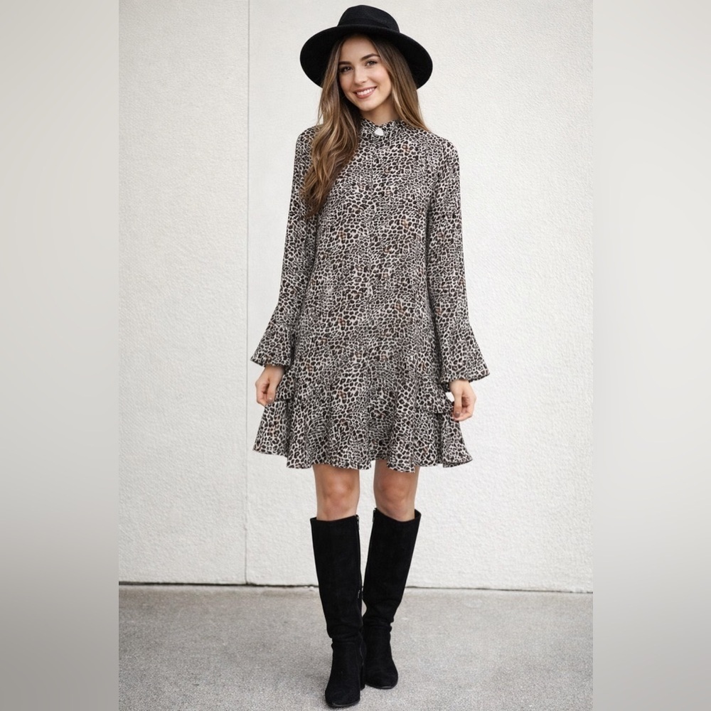 Mango MNG leopard animal print ruffled tiered mini dress 6 long sleeve casual
